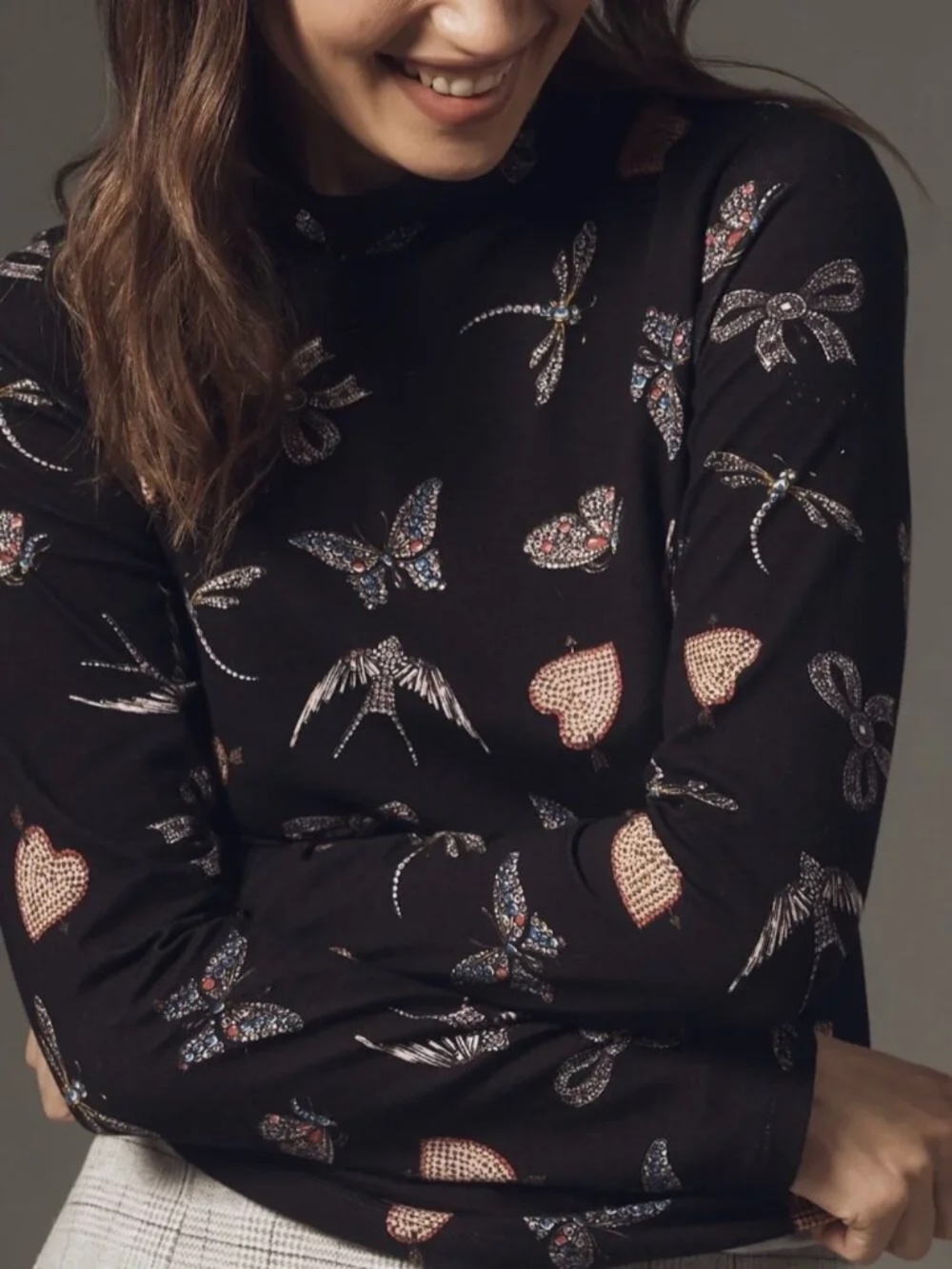 Cecilia Pettersson for Anthropologie Printed Turtleneck Top Butterflies Hearts